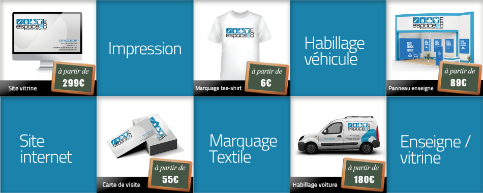 Les catégories ESPACE2COM, site internet, impression de document, marquage textile, habillage véhicule, enseigne et vitrine.